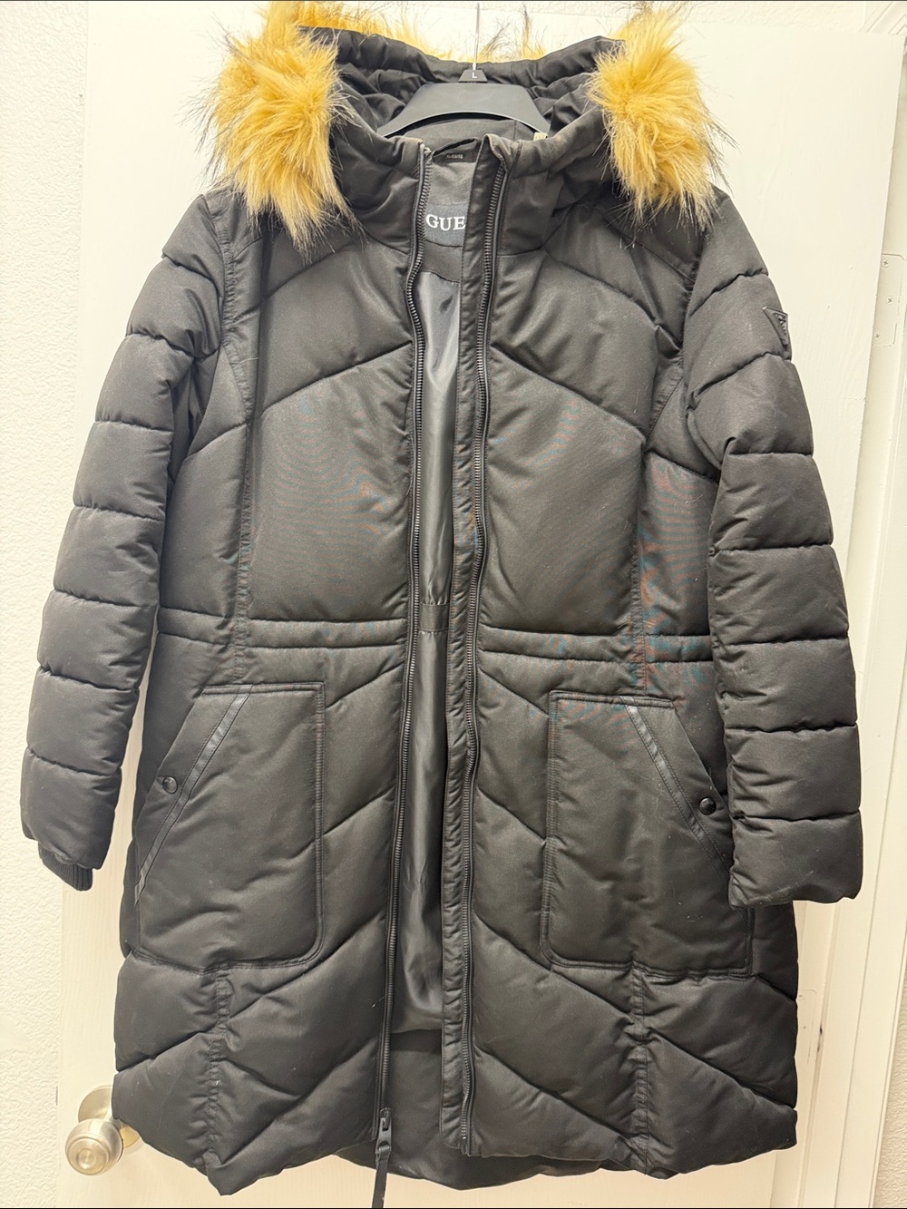 Guess Black Puffer Coat with Tan Faux-Fur Trim